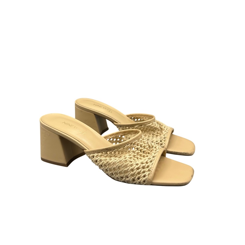 Nine West Womens Beige Woven Block Heel Square Toe Slide Sandals Size 8.5M